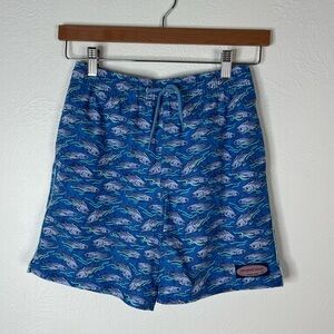 Vineyard Vines Chappy Trunks Fish Print Blue Boys Swim Shorts Elastic Waist Sz M